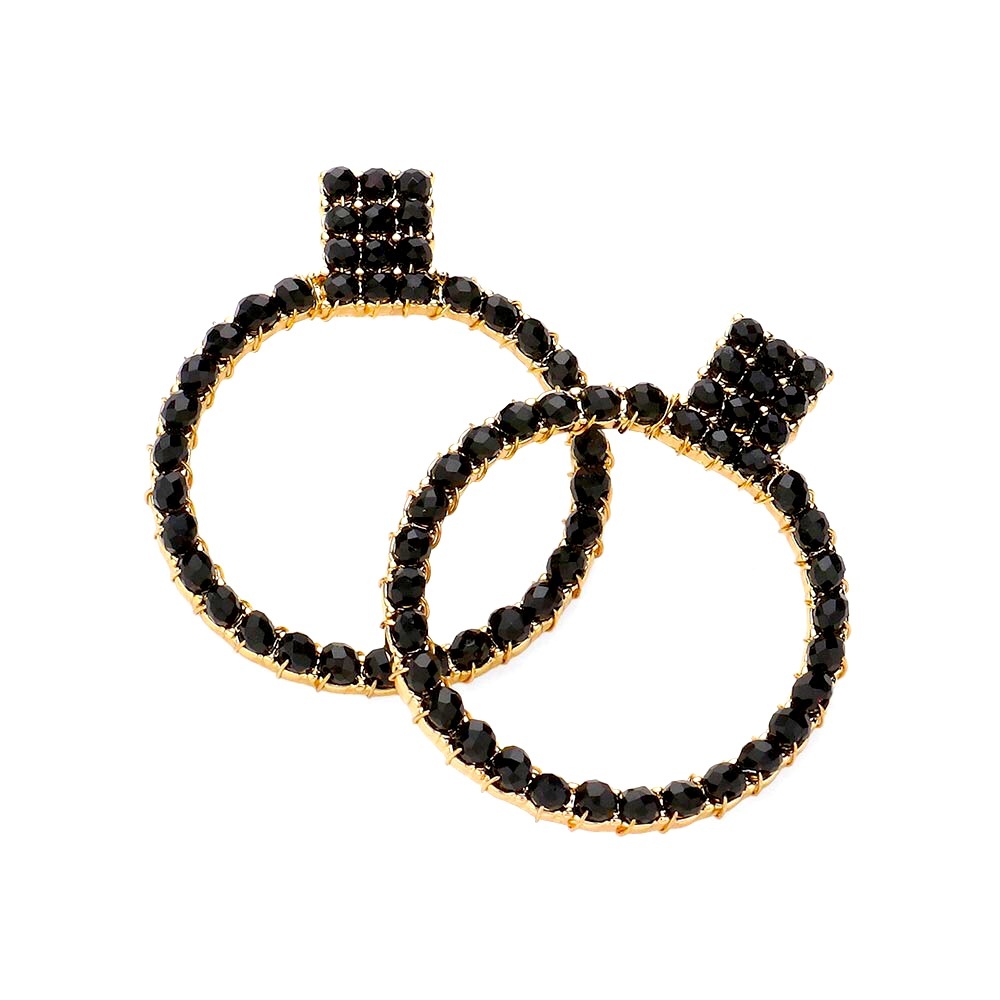Black Faceted Beads Paved Doorknocker Statement Earrings